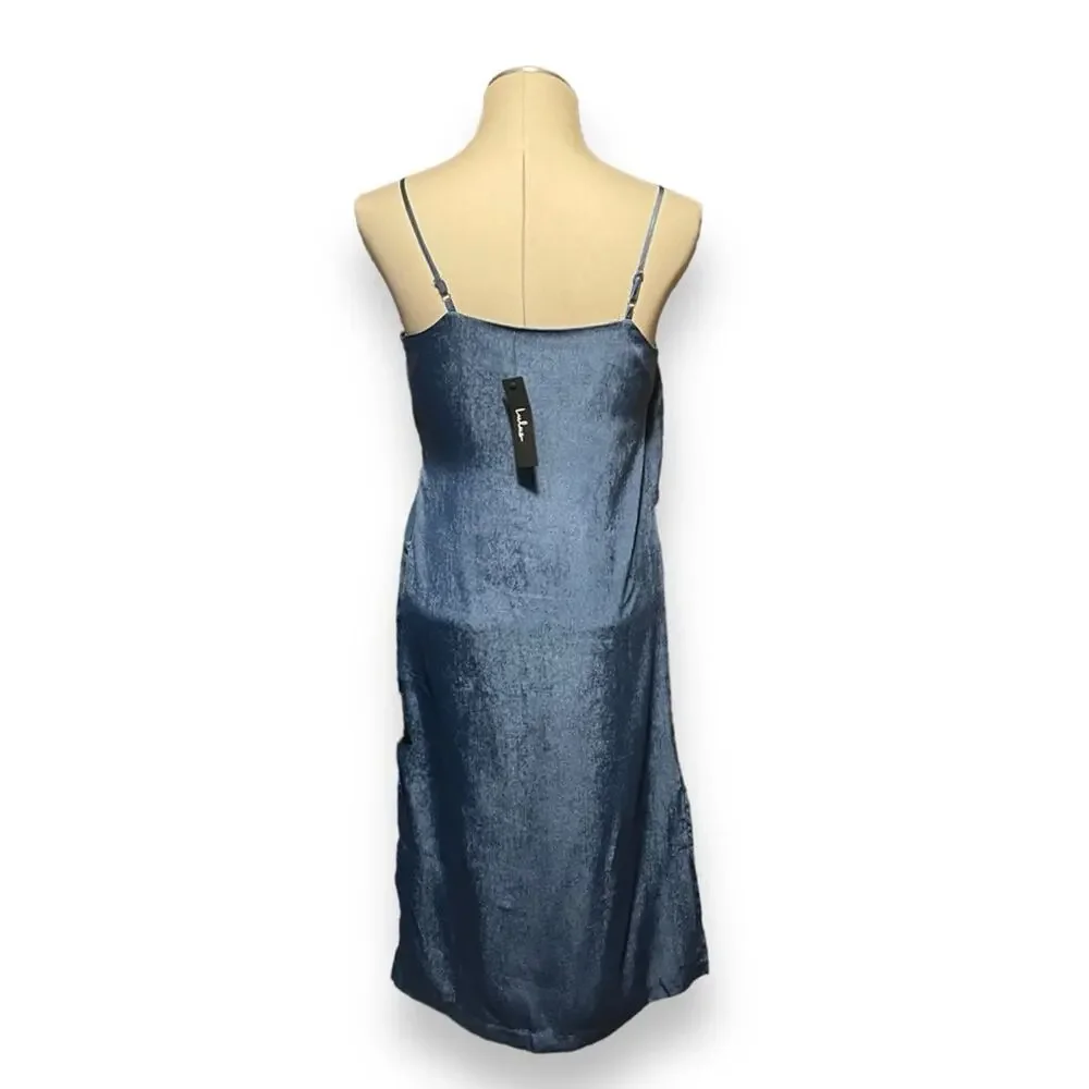 Lulus Fall in Love Blue Satin Midi Wrap Dress XS
